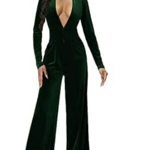 Deep V Long Sleeve Velvet Jumpsuit in Dark Green